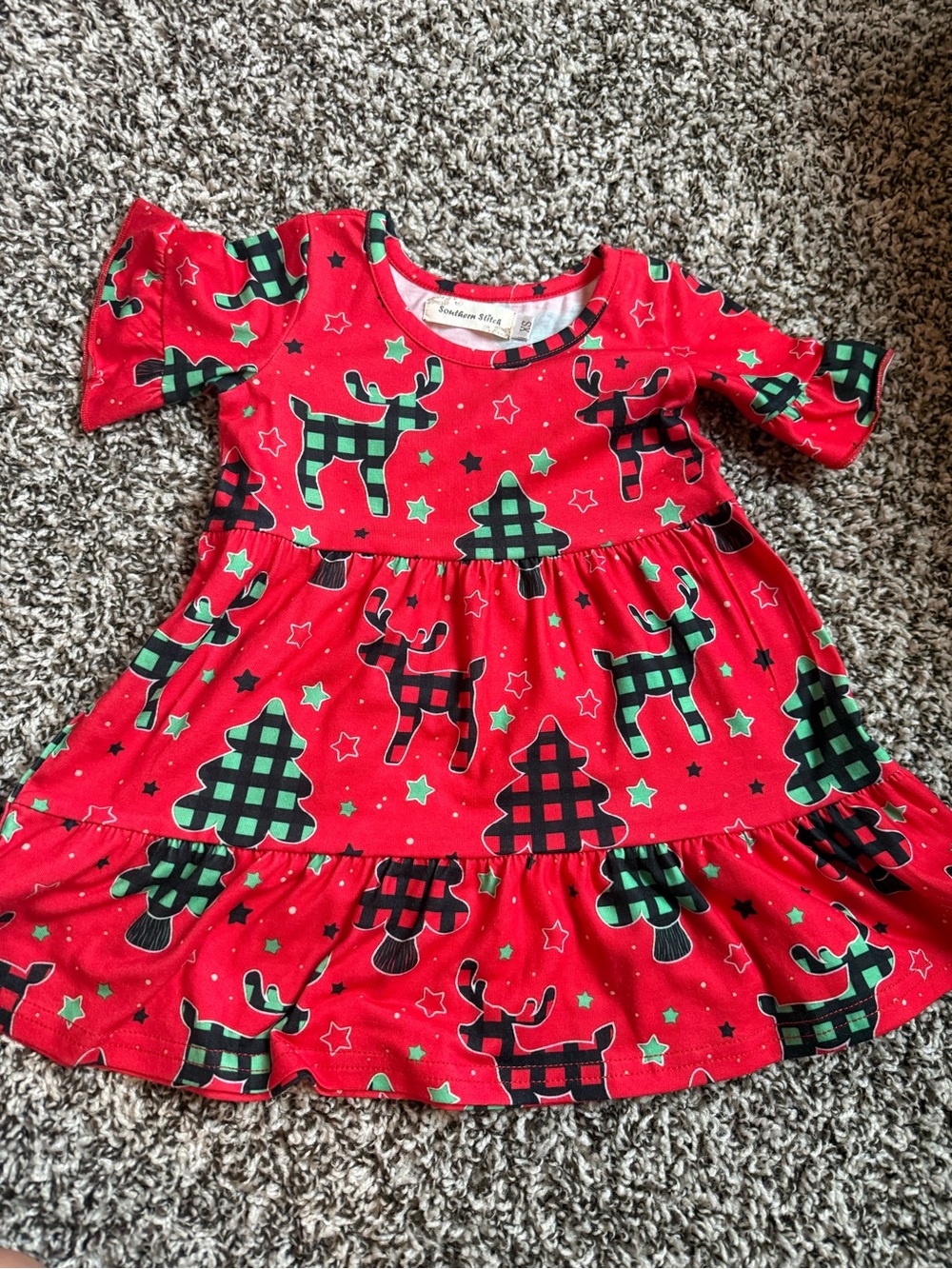 Girls' Red Plaid Reindeer Tiered Holiday Dress Fits 2/3T